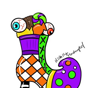 May include: A purple witch's boot with orange and white checkered pattern, filled with candy, including candy eyes, a candy cane, and a chocolate bar. The boot has a yellow trim and a green and purple toe. The text "Hillbilly Handcuffed" is written in black on the side of the boot.