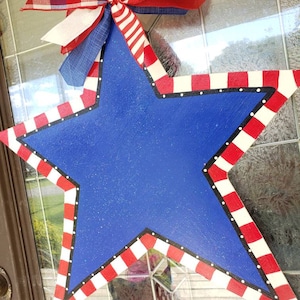 Personalized Patriotic Door Hanger Wreath Red White And Blue Fourth of July Star for decorating front porch