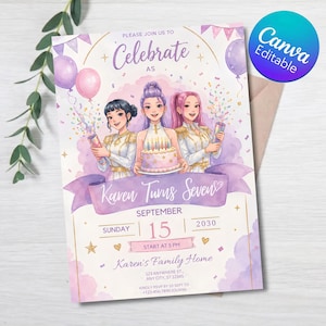 May include: A birthday invitation card featuring three illustrated characters in white and gold outfits holding party poppers. A cake with candles is centred below the text "Please Join Us To Celebrate" and "Karen Turns Seven" on a purple banner.