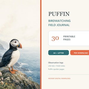 Puffin Birdwatching Field Journal, Observation Log, Life List (PDF Download)