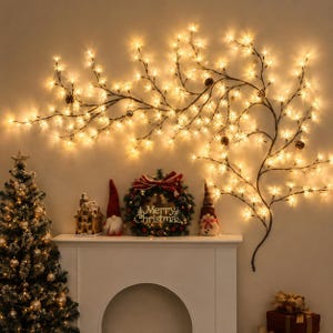 May include: A wall-mounted branch light fixture with warm white LED flower-shaped bulbs and small pinecones. Below, a Christmas tree, a miniature house, a wreath with the text Merry Christmas, and a gnome figurine are displayed on a mantel.