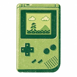 Könnte beinhalten: Eine tragbare Videospielkonsole in Grüntönen mit einem pixeligen Bildschirm. Das Display zeigt eine Figur auf einer karierten Plattform mit Wolken und einem Berg im Hintergrund. Das Gerät verfügt über ein Steuerkreuz und zwei runde Tasten.