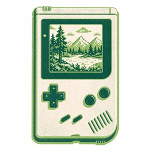 Könnte beinhalten: Eine Illustration einer tragischen Spielkonsole in hellen und dunklen Grüntönen. Der Bildschirm zeigt eine verpixelte Landschaft mit Wald, See und Bergen. Das Gerät verfügt über ein Steuerkreuz, zwei runde Tasten und zwei kleine ovale Tasten.