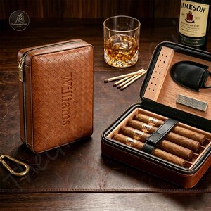 Personalized Woven Leather 4-Cigar Travel Humidor, Spanish Cedar Lined, Custom Engraved Gift