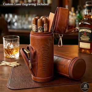 Personalized Leather Travel Cigar Case, Custom Name Humidor with Hygrometer Portable Cedar Wood, Groomsmans Gift, Anniversary Gift for Him