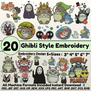 Pode incluir: Uma coleção de 20 desenhos de bordado estilo Ghibli com vários personagens animados, incluindo criaturas fantasiadas, um gato preto e espíritos da fuligem. O texto diz 20 Ghibli Style Embroidery, Embroidery Design 5+Sizes: 3" 4" 5" 6" 7".