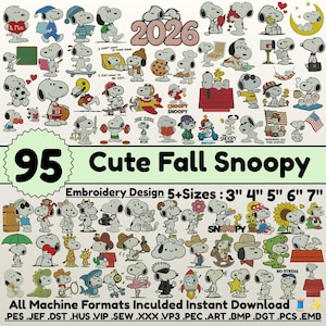 Può includere: Una collezione di 95 simpatici ricami di Snoopy per l'autunno, con Snoopy in varie pose e abiti. I disegni sono disponibili in 5 misure, da 7,6 a 17,8 cm. L'immagine include il testo "Cute Fall Snoopy" e "Embroidery Design 5+Sizes".