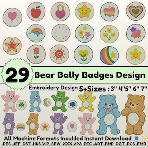 Bears Belly Badges Embroidery Design Bundle Grumpy Bear Embroidery Cartoon Bear Fun Shine Trendy Embroidery 5+Sizes Download good luck bear