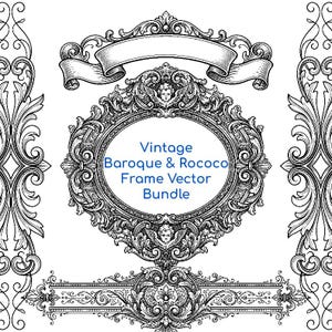 May include: A black and white digital graphic featuring an ornate oval frame with cherub motifs, a decorative ribbon banner above, and intricate scrollwork borders. The text "Vintage Baroque & Rococo Frame Vector Bundle" is centered.