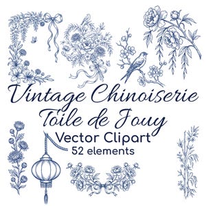 Bundel met vectorclipart van bloemen in Chinoiserie-stijl, blauwe wilgen Toile de Jouy-frames (SVG PNG)