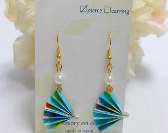 Japanese Origami  Blue Fan Earrings,Lightweight Dangle Earrings,Handmade in Japan