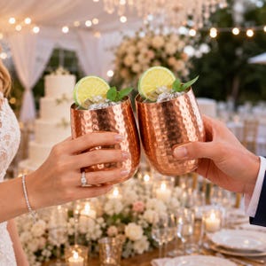 May include: Two hammered copper tumblers filled with ice, garnished with fresh lime slices and mint leaves. The metallic cups have a textured, dimpled surface and are held up in a celebratory toast, reflecting the warm ambient lighting of the event.