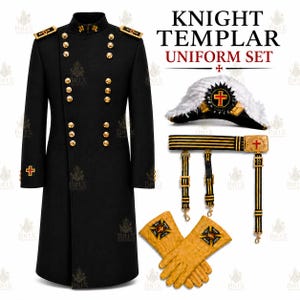 May include: A black Knight Templar uniform set featuring a long coat with gold buttons and red cross emblems, a white feathered bicorne hat with a central red cross badge, a black and gold belt with straps, and tan leather gloves with patches.