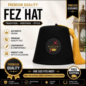 Op de afbeelding: Een zwarte Fez-hoed met een gouden kwast, met een cirkelvormig embleem met een kroon en een rood kruis. De hoed is gemaakt van premium kwaliteit vilt en is lichtgewicht en comfortabel. Tekst op de afbeelding luidt "Fez Hat" en "Traditie, Erfgoed, Stijl."