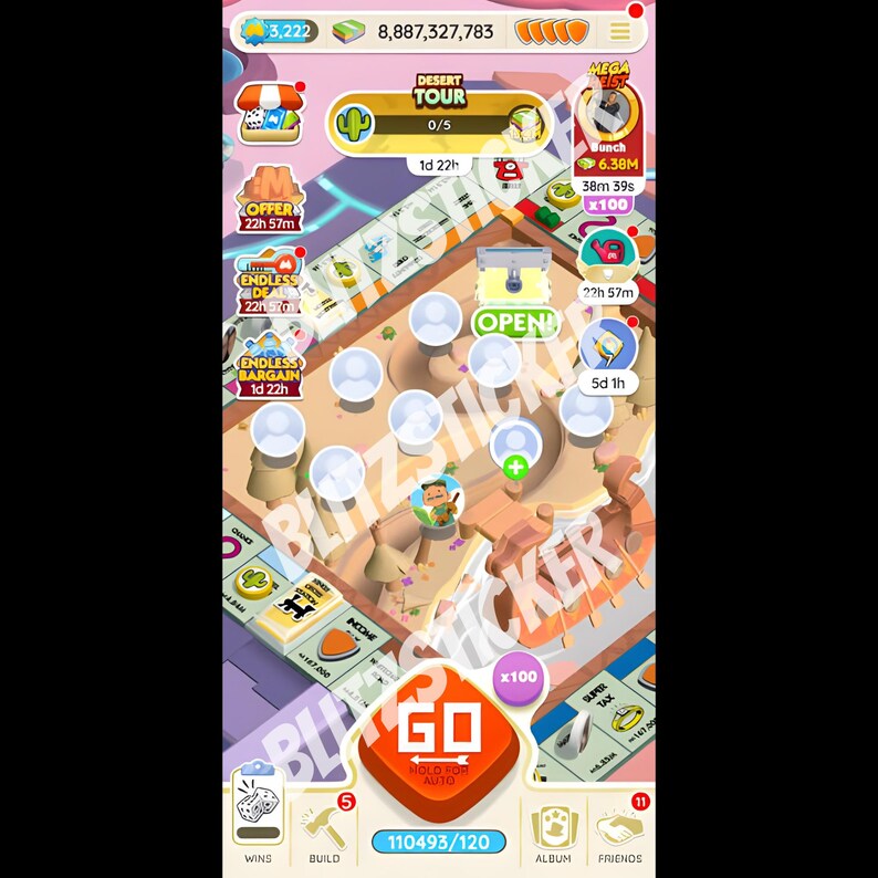 Puede incluir: Una interfaz de juego m&oacute;vil con un dise&ntilde;o de tablero, un mapa central con tem&aacute;tica de desierto, varios iconos de ofertas, una barra de progreso Desert Tour y un destacado bot&oacute;n naranja de Go en la parte inferior con funci&oacute;n auto.