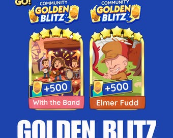 Todas las pegatinas Golden Blitz con la banda y Elmer Fudd de Monopoly Go - Entrega rápida