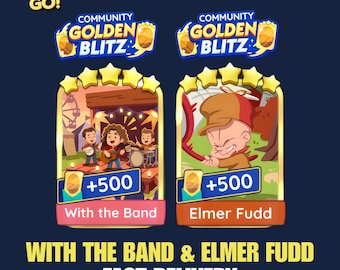 Pegatina Monopoly GO Golden Blitz con la banda y tarjeta de Elmer Fudd. Entrega rápida.