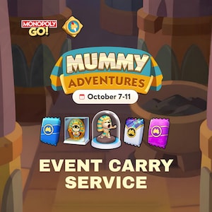 Puede incluir: Un gráfico del evento Monopoly Go Mummy Adventures con el texto October 7-11 y Event Carry Service. La imagen muestra un paquete azul, una ficha dorada en una vitrina, una momia bajo una cúpula de cristal, un paquete holográfico y un paquete rosa.