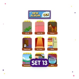 May include: A digital game interface titled NEW ALBUM GO! featuring a grid of nine collectible cards labelled Set 13. The cards display various cartoon characters and scenes including Jub Jub, Spider Pig, Princess, Illegal Panda, Mr. Teeny, Pinchy, Screamapillar, and Blinky, each topped with yellow star icons.