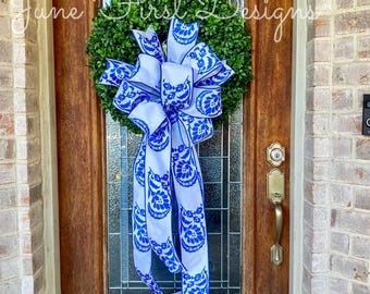 Extra Large Designer Luxury Wired Blue and White Bow
