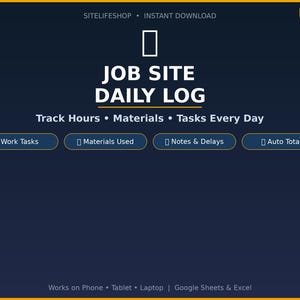 Può includere: Un modello digitale di registro giornaliero del cantiere con sfondo blu scuro e bordo dorato. Il testo "JOB SITE DAILY LOG" è visualizzato in grandi lettere bianche. Il modello tiene traccia di ore, materiali e attività.