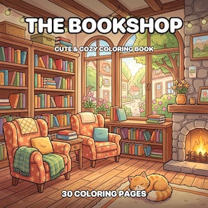 以下が含まれることがあります： THE BOOKSHOP CUTE & COZY COLORING BOOK 30 COLORING PAGESというタイトルの塗り絵。2脚のアームチェア、本棚、火のついた石造りの暖炉、そして眠っているオレンジ色のトラ猫が描かれた図書館のインテリアのイラストが特徴です。