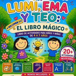 May include: A colorful activity book titled Lumi, Ema y Teo: El Libro Mágico, featuring cartoon illustrations of two children and a bee. The cover displays text, a path, flowers, trees, and icons for activities like coloring, mazes, and writing.