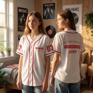 May include: A white baseball jersey with red trim, featuring the number 07 on the sleeves, a heart graphic with the text ARIRANG on the front, and the text MY LOVE SONG IS JEON JUNG KOOK with XOXO on the back, worn with blue denim jeans.