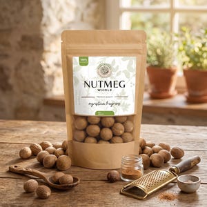 May include: A brown paper pouch containing whole nutmeg seeds, labelled with the text NUTMEG WHOLE and myristica fragrans. The pouch is surrounded by loose nutmeg seeds, a wooden spoon, a small glass jar of ground spice, and a metal grater.