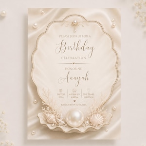 May include: A cream-colored birthday invitation card featuring a central shell-shaped frame with gold outlines. The text reads: Please join us for a Birthday Celebration honoring Anayah, Sept 20, 2026, 4:00pm to 8:00pm, The Pearl Garden, RSVP to Olivia.