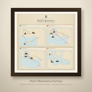 May include: A framed wall art print titled Paul's Journeys, featuring four distinct maps illustrating biblical travels with lines, small ship icons, and text. The design includes the heading The Spread of the Gospel and the text Hand-drawn in Jerusalem - Hoshen Holy Land at the bottom.