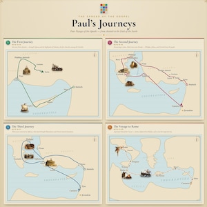 Op de afbeelding: Een beige educatieve poster getiteld The Spread of the Gospel Paul's Journeys. Het bevat vier afzonderlijke kaarten die de reizen van de apostel illustreren met gekleurde lijnen, kleine illustraties van schepen en gebouwen, en labels voor locaties.