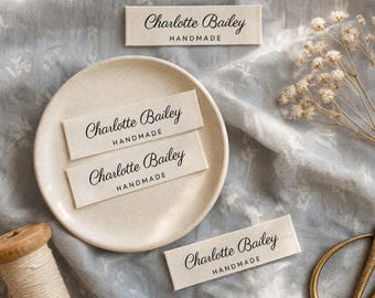 Etiquetas de costura de algodón personalizadas de 15 x 70 mm, etiquetas de nombre personalizadas para regalos de prendas de punto hechas a mano.