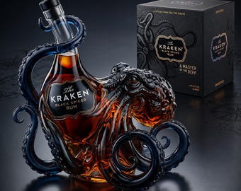 Octopus Glass Decanter Bottle, 350ml Nautical Whiskey Display, Amber Ocean Barware