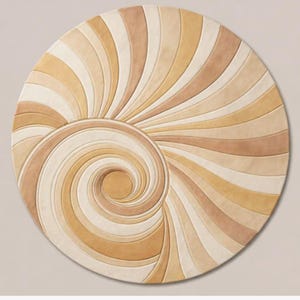 May include: A circular rug featuring a swirling, spiral pattern that radiates from an off-center point. The design consists of alternating curved bands in shades of cream, beige, tan, and light brown, creating a dynamic, textured visual effect.