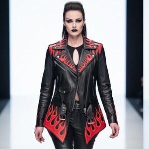 Genuine Leather Jacket Women, Black Red Flame Peplum Jacket, Asymmetric Biker Coat, Avant Garde Statement, Real Leather Runway Style