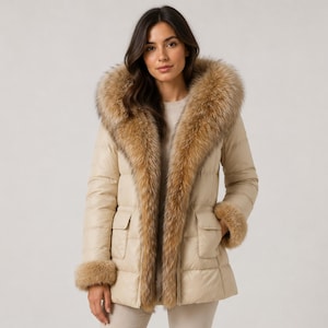 May include: A beige puffer jacket featuring a large, thick brown fur-trimmed hood and matching fur cuffs on the sleeves. The jacket has a quilted design, a front zipper closure, and two flap pockets on the front, providing a structured fit.