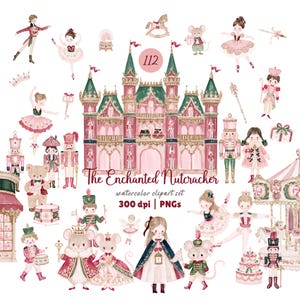 Puede incluir: Una colección digital de ilustraciones en acuarela titulada The Enchanted Nutcracker, que presenta un gran castillo rosa y verde, figuras de cascanueces, bailarinas, ratones con trajes reales, un carrusel, un oso de peluche y varios accesorios.