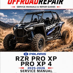 May include: A service manual for 2025-2026 Polaris RZR PRO XP and PRO XP 4 models. The cover features a black off-road vehicle in motion, the text OFFROADREPAIR, and icons for maintenance, wiring diagrams, troubleshooting, engine diagnostics, and torque.