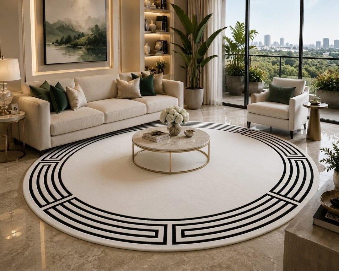 Deco Border Rug Round Art Deco Area Rug | Greek Key Border, Black and White Carpet - Etsy