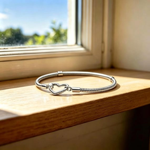 S925 Sterling Silver Pandora Heart & Snake Chain Bracelet,twisted