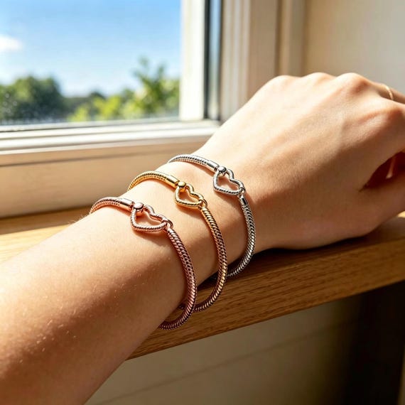 S925 Sterling Silver Pandora Heart & Snake Chain Bracelet,twisted