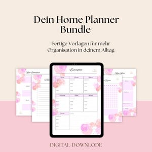 Könnte beinhalten: Ein digitales Tablet mit einer Essensplan-Vorlage mit rosa Aquarellakzenten, umgeben von mehreren gedruckten Planerseiten mit passenden rosa Kreisdesigns und dem deutschen Text Dein Home Planner Bundle und Fertige Vorlagen.