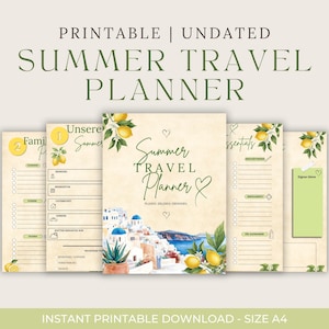 Summer Travel Planner PDF zum Download | Undatiert | Familienurlaub Planer mit Packliste, Kids Essentials | Mediterranes Zitronen Design |A4