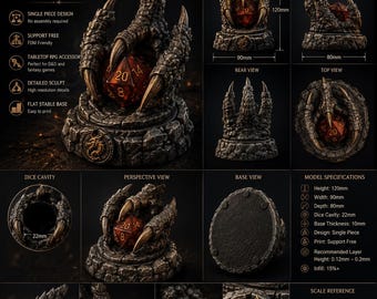 Soporte para dados con forma de garra de dragón (archivo STL) / Soporte de exhibición para juegos de rol D&D (descarga digital)