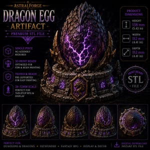 May include: A digital 3D model of a dragon egg artifact featuring a dark, textured shell with glowing purple cracks, resting on a stone base with a dragon emblem. The product dimensions are 5.43 inches in height, 4.41 inches in width, and 4.41 inches in depth.