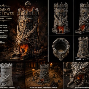 May include: A dark grey stone-textured dice tower featuring a sculpted dragon head with glowing orange eyes and an open mouth exit. The tower measures 220mm in height and 120mm in width and depth. It includes a top opening and a front tray for dice.