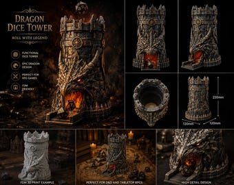 Torre de dados de dragón STL / Lanzador de dados de fantasía para D&D / Terreno para juegos de rol y decoración de mesa imprimible en 3D