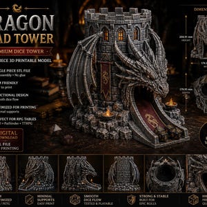May include: A grey stone-textured dice tower featuring a large dragon head with wings wrapped around the cylindrical structure. The tower has a ramp exit, battlements, and printed dimensions of 204.91 mm height, 174.15 mm width, and 179.95 mm depth.