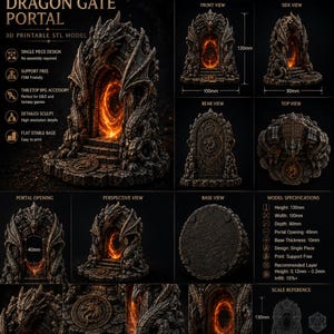 May include: A 3D printable Dragon Gate Portal model featuring a stone-textured archway with dragon motifs and a glowing orange center. The product specifications list a height of 130mm, width of 100mm, and depth of 80mm, with a 40mm portal opening.